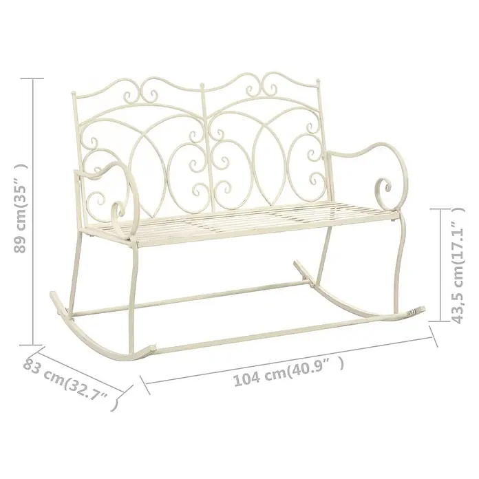 Furnicato Gartenbank Schmiedeeisen Antikweiß - B x T x H: 104 x 83 x 89 cm, Weiß - Creme-farbene, verzierte Metall-Schaukelbank mit Maßen.