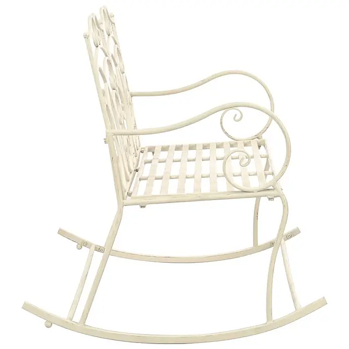 Furnicato Gartenbank Schmiedeeisen Antikweiß - B x T x H: 104 x 83 x 89 cm, Weiß - Weißer Schaukelstuhl aus Metall mit Zierelementen und Lattenrost.