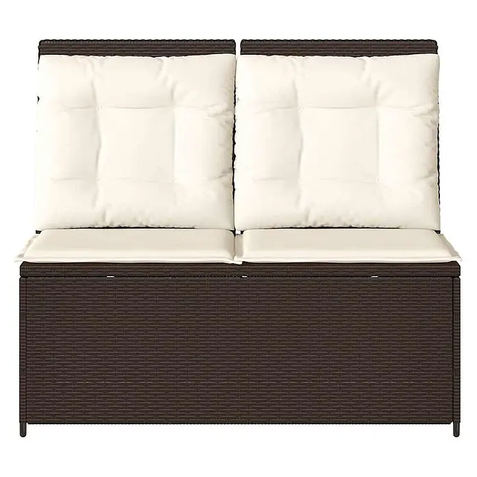Furnicato Gartenbank - B x T x H: 95 x 108 x 95 cm, Braun - Braune Rattan-Gartenbank mit Stauraum und zwei beigen Sitz- und Rückenpolstern.