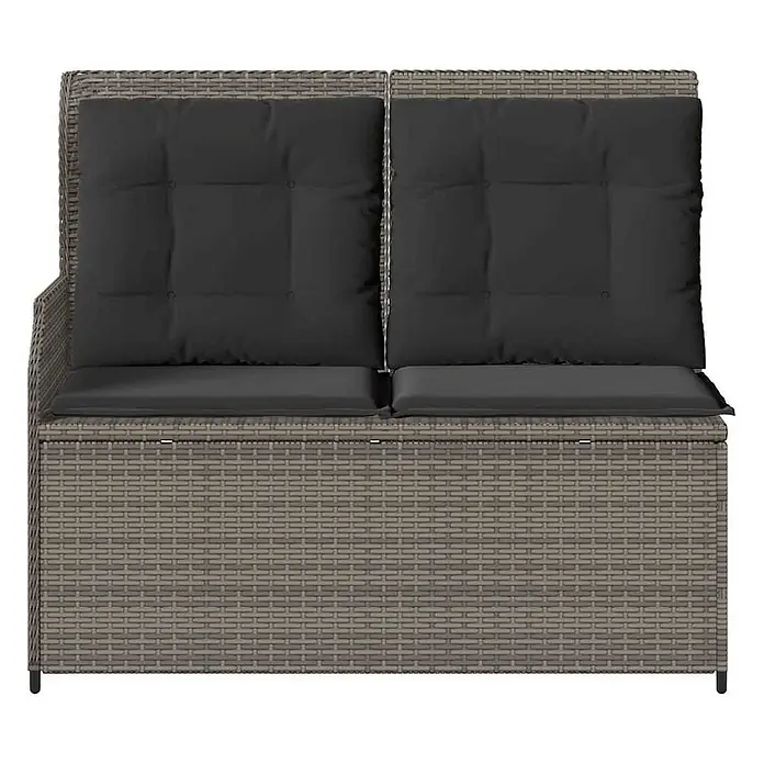 Furnicato Gartenbank - B x T x H: 95 x 110 x 95 cm, Grau - Graue Rattan-Zweisitzer-Gartenbank mit schwarzen Sitz- und Rückenkissen.