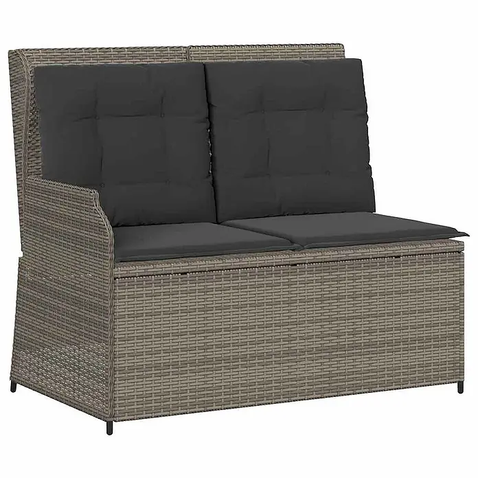 Furnicato Gartenbank - B x T x H: 95 x 110 x 95 cm, Grau - Zweisitzige Gartenbank aus grauem Polyrattan mit dunkelgrauen Kissen und Stauraum unter den Sitzen.