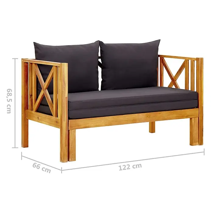 Furnicato Gartenbank Akazienholz geölt - B x T x H: 122 x 118 x 68,5 cm, Dunkelgrau - Hölzerne 2-Sitzer Gartenbank mit dunkelgrauen Polstern und X-förmigen Armlehnen, Maße 122x66x68,5 cm.