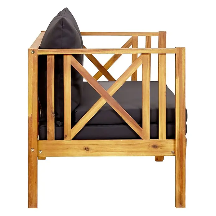 Furnicato Gartenbank Akazienholz geölt - B x T x H: 122 x 118 x 68,5 cm, Dunkelgrau - Garten-Sessel aus Holz mit schwarzen Sitz- und Rückenpolstern.