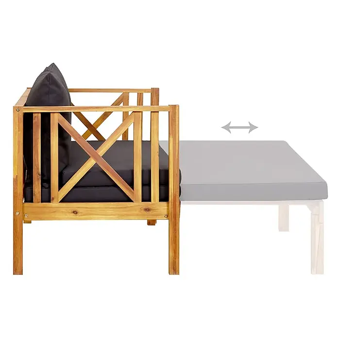 Furnicato Gartenbank Akazienholz geölt - B x T x H: 122 x 118 x 68,5 cm, Dunkelgrau - Ausziehbares Holzgartensofa mit schwarzen Kissen, als Tagesbett gezeigt.