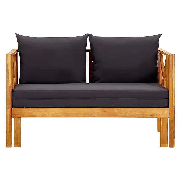 Furnicato Gartenbank Akazienholz geölt - B x T x H: 122 x 118 x 68,5 cm, Dunkelgrau - Zweisitzer Gartensofa mit hellbraunem Holzrahmen und dunkelgrauen Sitz- und Rückenkissen.