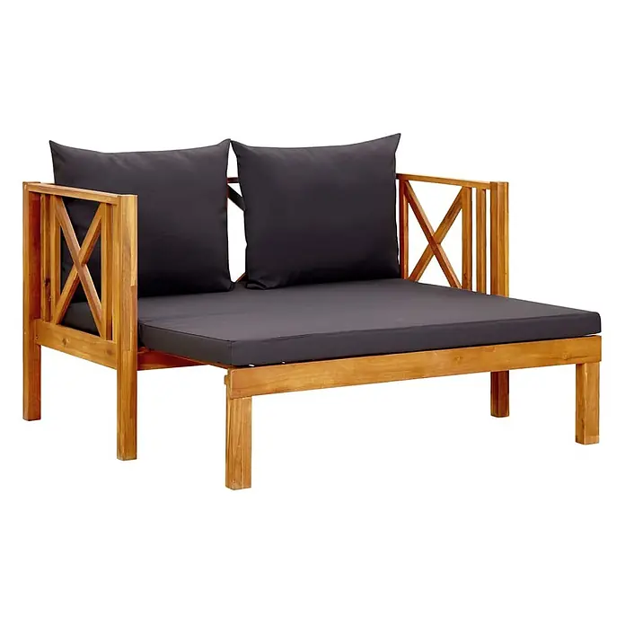 Furnicato Gartenbank Akazienholz geölt - B x T x H: 122 x 118 x 68,5 cm, Dunkelgrau - Hölzernes Gartensofa mit dunkelgrauen Kissen und X-Muster an Seiten- und Rückenlehnen.