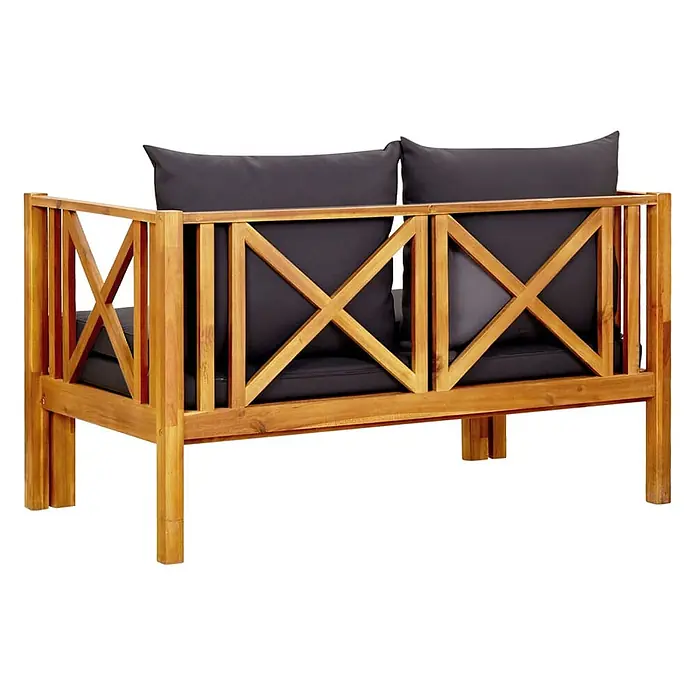 Furnicato Gartenbank Akazienholz geölt - B x T x H: 122 x 118 x 68,5 cm, Dunkelgrau - Hölzernes Gartensofa mit dunkelgrauen Kissen und X-förmigen Rückenlehnen.