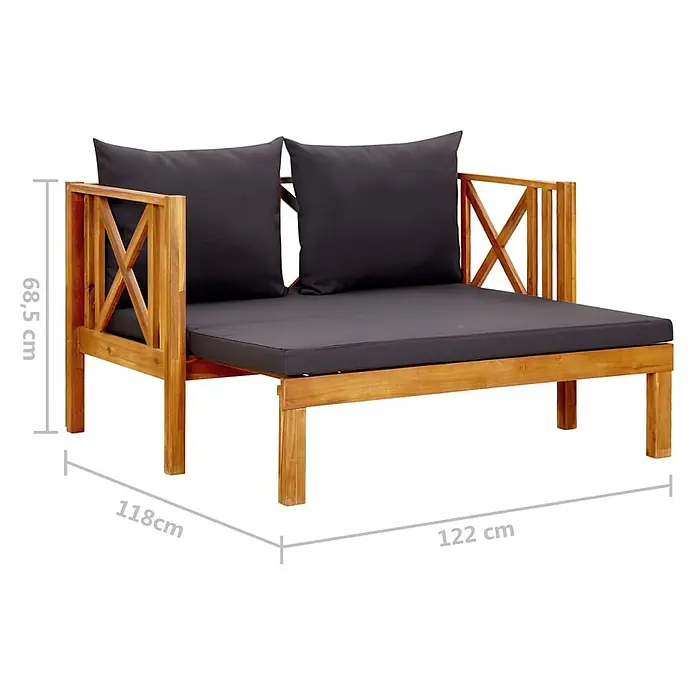 Furnicato Gartenbank Akazienholz geölt - B x T x H: 122 x 118 x 68,5 cm, Dunkelgrau - Hölzerne Gartenliege mit dunkelgrauen Kissen und X-förmigen Armlehnen.