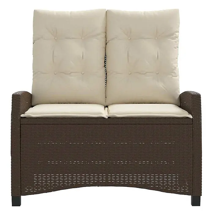 Furnicato Gartenbank - B x T x H: 90 x 90 x 93 cm, Braun und Creme - Zweisitzige dunkelbraune Rattan-Gartenbank mit cremefarbenen Kissen und integriertem Stauraum.
