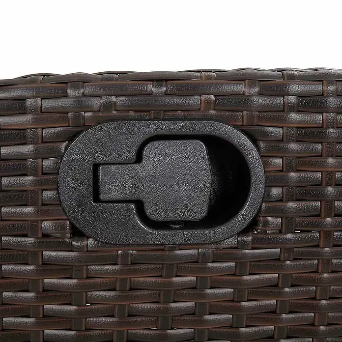Furnicato Gartenbank - B x T x H: 90 x 90 x 93 cm, Braun und Creme - Nahaufnahme eines schwarzen Kunststoffgriffs auf einer braunen Rattan-Geflechtoberfläche.