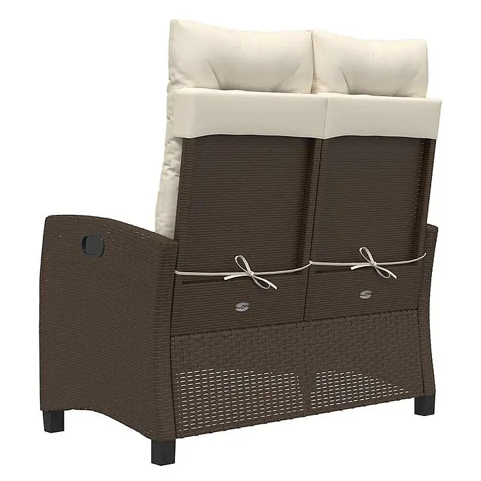Furnicato Gartenbank - B x T x H: 90 x 90 x 93 cm, Braun und Creme - Braunes Rattan-Gartensofa mit cremefarbenen Kissen, von hinten gesehen, mit Kissenbindern.