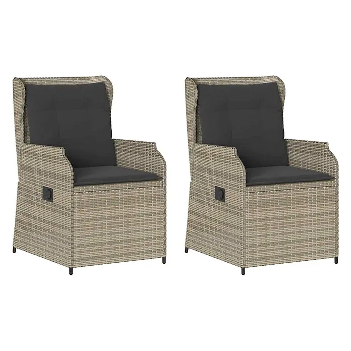 Furnicato Gartenbank Poly-Rattan - B x T x H: 55 x 55 x 95 cm, Hellgrau - Zwei hellbeige Rattan-Gartenstühle mit hoher Rückenlehne und dunkelgrauen Kissen.