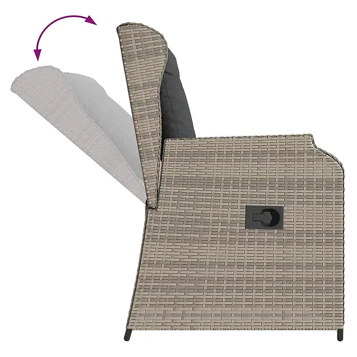 Furnicato Gartenbank Poly-Rattan - B x T x H: 55 x 55 x 95 cm, Hellgrau - Helles Rattan-Gartensessel mit dunkelgrauem Kissen und verstellbarer Rückenlehne, durch Pfeil dargestellt.