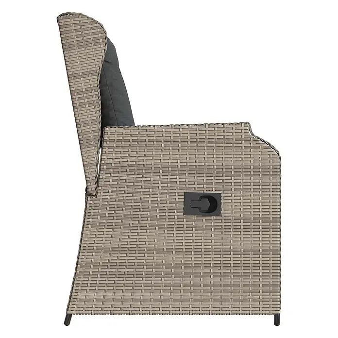 Furnicato Gartenbank Poly-Rattan - B x T x H: 55 x 55 x 95 cm, Hellgrau - Seitenansicht eines hellbraunen Korbsessels für den Außenbereich mit dunkelgrauem Kissen und schwarzem Griff zur Neigungsverstellung.