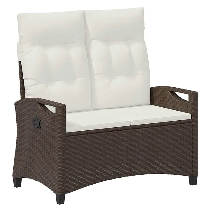 Furnicato Gartenbank pulverbeschichtet - B x T x H: 60 x 105 x 112 cm, Braun und Creme - Braune Rattan-Gartenbank für 2 Personen mit weißen Polstern.