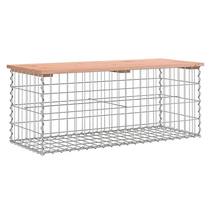 Furnicato Gartenbank Douglasien-Massivholz - B x T x H: 103 x 44 x 42 cm, Natürliches Douglasie - Rechteckige Gabionenbank mit Holzplatte und Drahtgitter aus Metall.