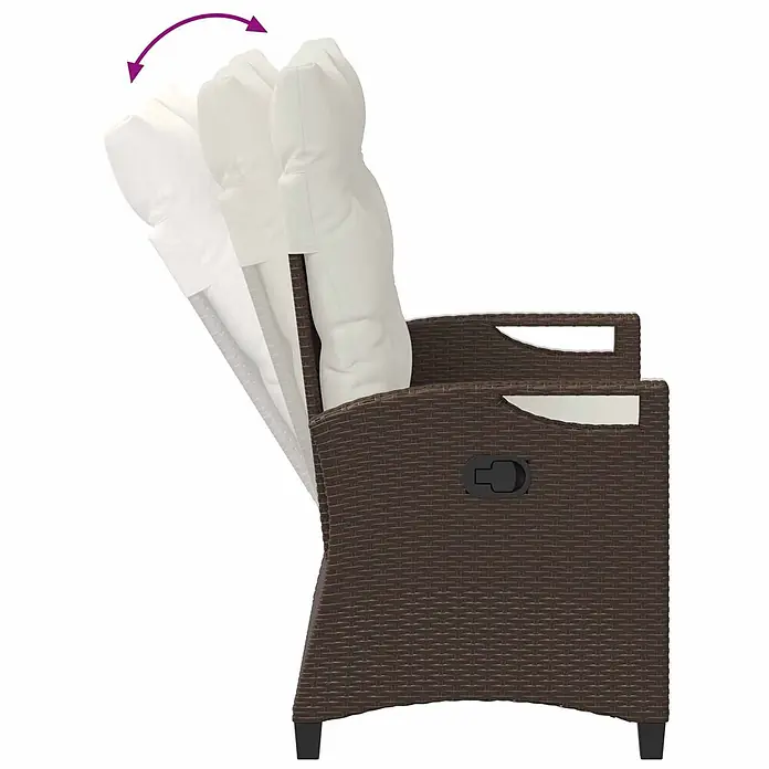 Furnicato Gartenbank pulverbeschichtet - B x T x H: 60 x 105 x 112 cm, Braun und Creme - Brauner Rattan-Relaxsessel mit weißen Kissen, Rückenlehne in mehreren Liegepositionen gezeigt.