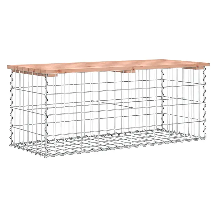 Furnicato Gartenbank Douglasien-Massivholz - B x T x H: 103 x 44 x 42 cm, Natürliches Douglasie - Rechteckige Gabionenbank mit Metallgitter und heller Holzlattenauflage.