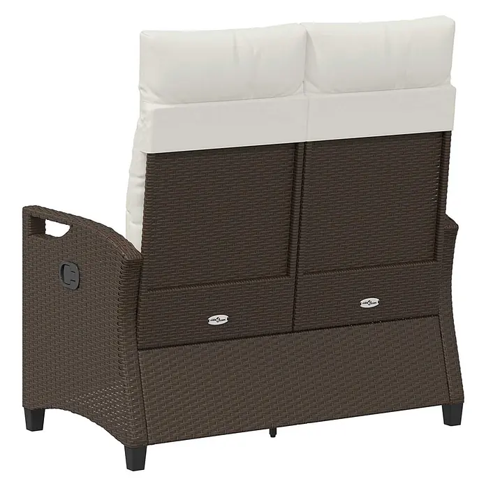 Furnicato Gartenbank pulverbeschichtet - B x T x H: 60 x 105 x 112 cm, Braun und Creme - Braunes Rattan-Gartensofa mit weißen Kissen, von hinten gesehen.
