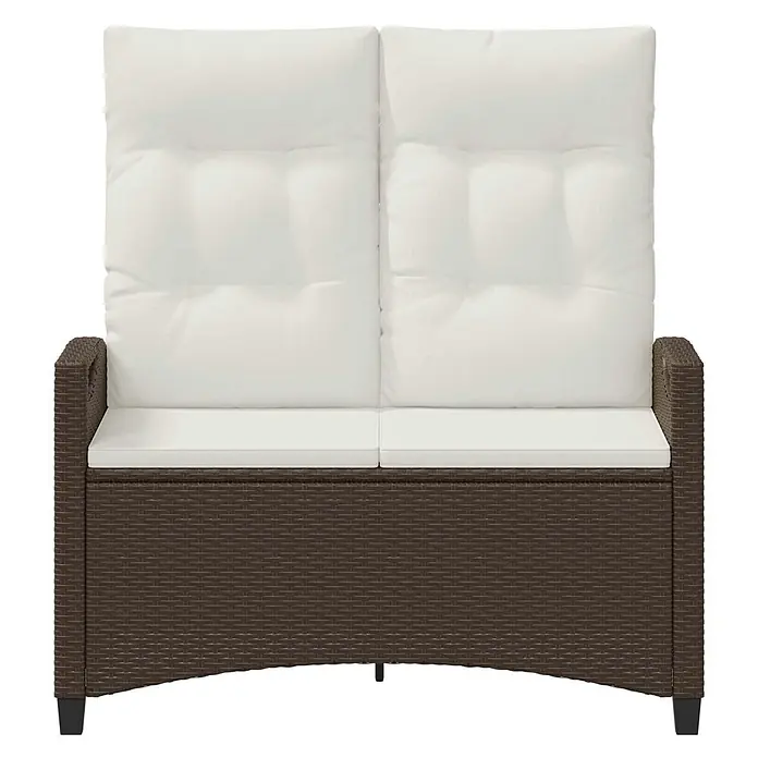 Furnicato Gartenbank pulverbeschichtet - B x T x H: 60 x 105 x 112 cm, Braun und Creme - Zweisitzer-Gartensofa mit braunem Polyrattan-Gestell, hohen Rückenlehnen und cremeweißen Kissen.