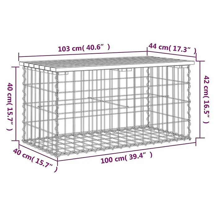 Furnicato Gartenbank Douglasien-Massivholz - B x T x H: 103 x 44 x 42 cm, Natürliches Douglasie - Drahtgeflecht-Gabionenkorb mit Holzlattenabdeckung, Maße dargestellt.