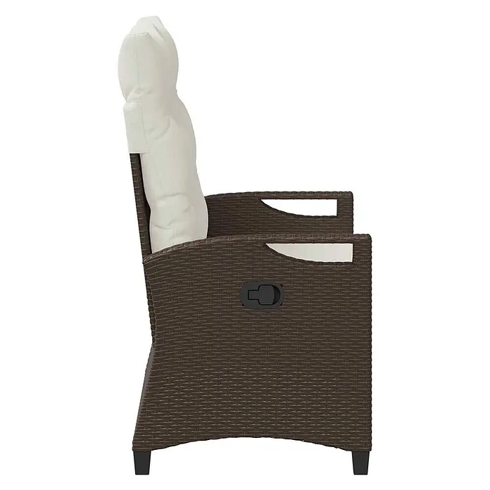 Furnicato Gartenbank pulverbeschichtet - B x T x H: 60 x 105 x 112 cm, Braun und Creme - Brauner Rattan-Relax-Sessel mit cremefarbenem Kissen und schwarzem Griff, Seitenansicht.