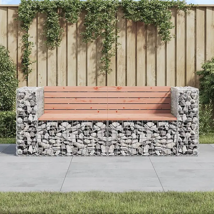 Furnicato Gartenbank Douglasien-Massivholz - B x T x H: 184 x 71 x 65,5 cm, Natürliches Douglasie - Garten-Gabionenbank mit grauen Steinen und Sitzfläche sowie Rückenlehne aus Naturholz.