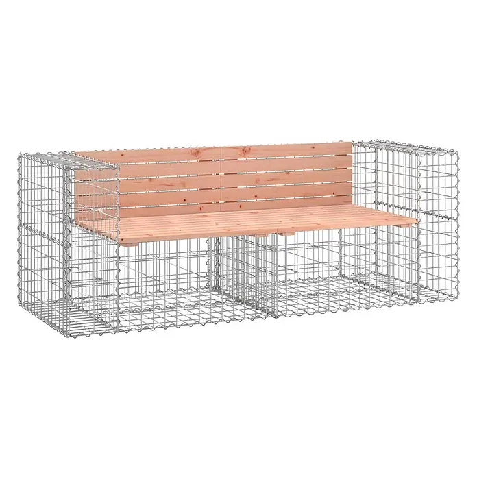 Furnicato Gartenbank Douglasien-Massivholz - B x T x H: 184 x 71 x 65,5 cm, Natürliches Douglasie - Gabionenbank mit Metallgitterrahmen und hellbrauner Sitzfläche und Rückenlehne aus Holz.
