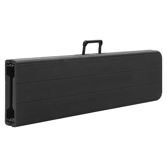 Furnicato Gartenbank HDPE Rattan-Design - B x T x H: 25 x 180 x 43 cm, Schwarz - Dunkelgrauer Klapptisch mit Holzmaserung, zusammengeklappt und bereit zum Transport mit Tragegriff.
