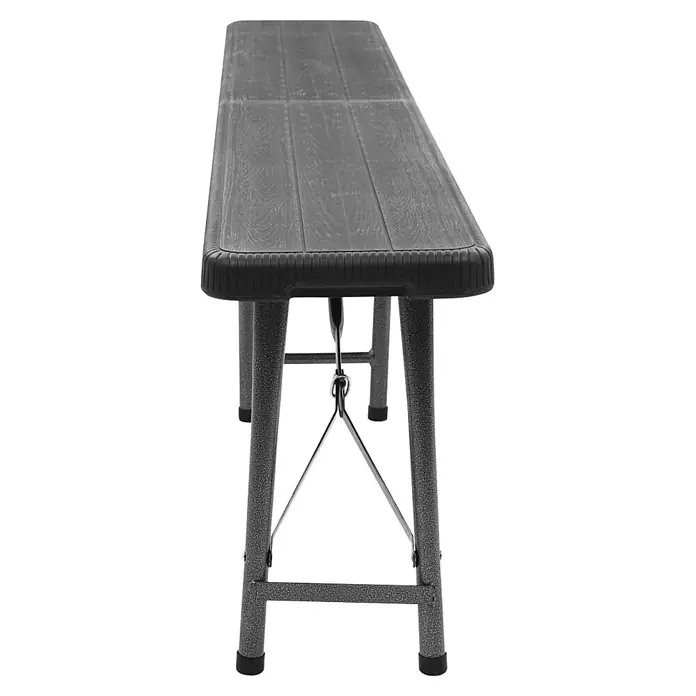 Furnicato Gartenbank HDPE Rattan-Design - B x T x H: 25 x 180 x 43 cm, Schwarz - Dunkelgraue, klappbare Bank mit Holzmaserung-Oberfläche und gesprenkelten grauen Metallbeinen, von der Seite gesehen.