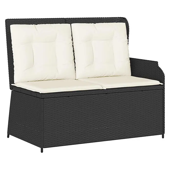Furnicato Gartenbank Poly-Rattan Cremeweiß - B x T x H: 67 x 110 x 95 cm, Schwarz und Cremeweiß - Dunkelgraue Rattan-2-Sitzer-Aufbewahrungsbank mit cremefarbenen Kissen für den Außenbereich.
