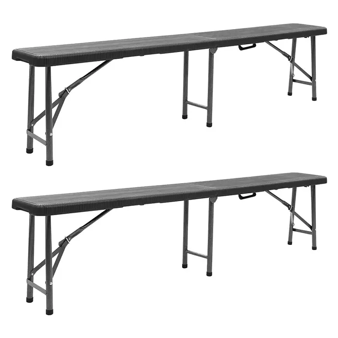 Furnicato Gartenbank HDPE Rattan-Design - B x T x H: 25 x 180 x 43 cm, Schwarz - Zwei dunkelgraue Klappbänke mit Metallbeinen, ideal für Veranstaltungen oder draußen.