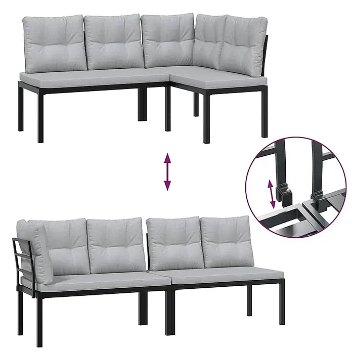 Furnicato Gartenbank pulverbeschichtet - B x T x H: 118 x 63 x 78 cm, Taupe - Modulares Gartensofa-Set mit schwarzem Metallrahmen und hellgrauen Kissen, von L-Form zu gerader Aufstellung konfigurierbar.