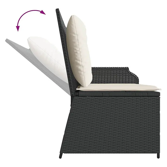 Furnicato Gartenbank Poly-Rattan Cremeweiß - B x T x H: 67 x 110 x 95 cm, Schwarz und Cremeweiß - Dunkelgrauer geflochtener Outdoor-Sessel mit beigen Kissen und verstellbarer Rückenlehne.