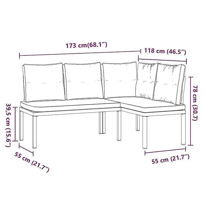 Furnicato Gartenbank pulverbeschichtet - B x T x H: 118 x 63 x 78 cm, Taupe - L-förmiges Gartensofa mit weißen Kissen und detaillierten Maßen.