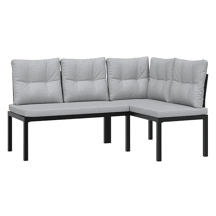 Furnicato Gartenbank pulverbeschichtet - B x T x H: 118 x 63 x 78 cm, Taupe - Hellesgraues L-förmiges Outdoor-Sofa mit schwarzem Metallrahmen und weichen Kissen.