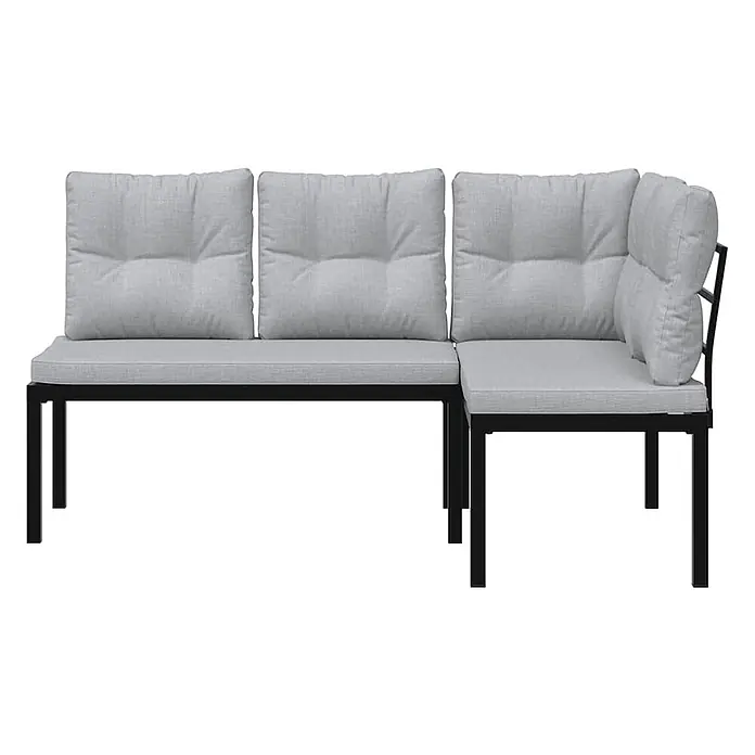 Furnicato Gartenbank pulverbeschichtet - B x T x H: 118 x 63 x 78 cm, Taupe - L-förmiges Ecksofa mit hellgrauen Kissen und schwarzem Metallgestell.
