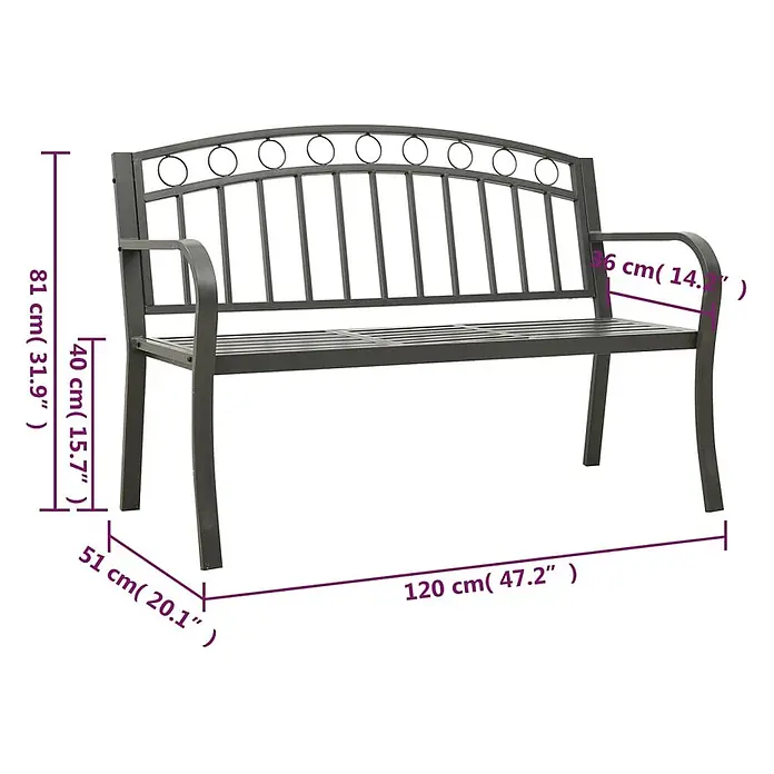Furnicato Gartenbank pulverbeschichtet - B x T x H: 120 x 51 x 81 cm, Grau - Eine graue Metall-Gartenbank mit Lattenrostsitz und dekorativer Rückenlehne, 120x51x81 cm (BxTxH).