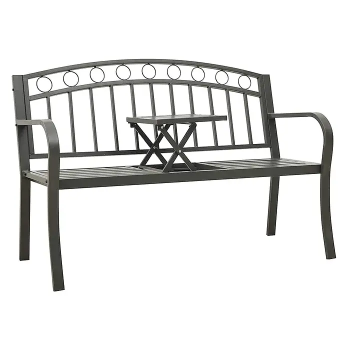 Furnicato Gartenbank pulverbeschichtet - B x T x H: 120 x 51 x 81 cm, Grau - Dunkelgraue Metall-Gartenbank mit zwei Sitzen und einem mittigen, klappbaren Tisch.