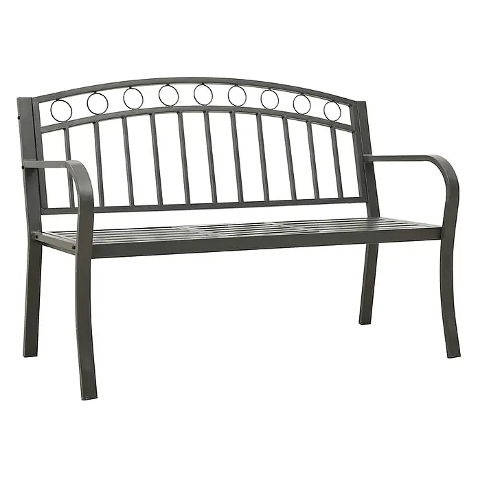 Furnicato Gartenbank pulverbeschichtet - B x T x H: 120 x 51 x 81 cm, Grau - Graue Metallgartenbank mit Lattenrostsitz und Rückenlehne mit geschwungener Oberkante und dekorativen Kreisakzenten.