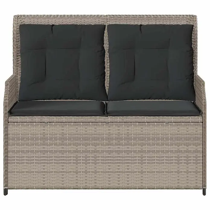 Furnicato Gartenbank - B x T x H: 95 x 110 x 95 cm, Hellgrau - Zweisitzige hellbraune Rattan-Gartenbank mit dunkelgrauen Kissen und integriertem Stauraum.