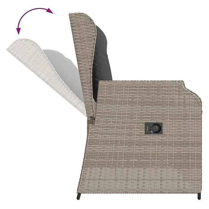 Furnicato Gartenbank - B x T x H: 95 x 110 x 95 cm, Hellgrau - Hellbraunes Rattan-Gartensofa mit Stauraum, dessen Sitzklappe geöffnet ist und das Innenfach und ein dunkelgraues Kissen zeigt.