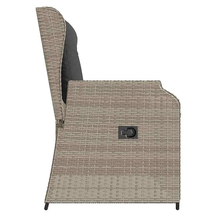 Furnicato Gartenbank - B x T x H: 95 x 110 x 95 cm, Hellgrau - Seitenansicht eines hellbraunen Geflecht-Liegesessels mit dunklem Kissen und schwarzem Griff.