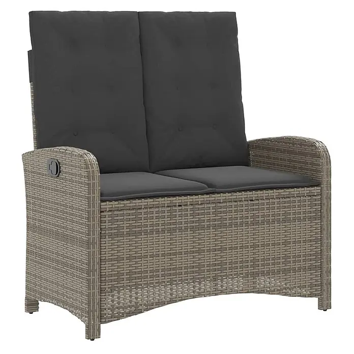 Furnicato Gartenbank - B x T x H: 59 x 86 x 93 cm, Grau - Graue Rattan-Zweisitzer-Gartenbank mit dunkelgrauen Kissen.