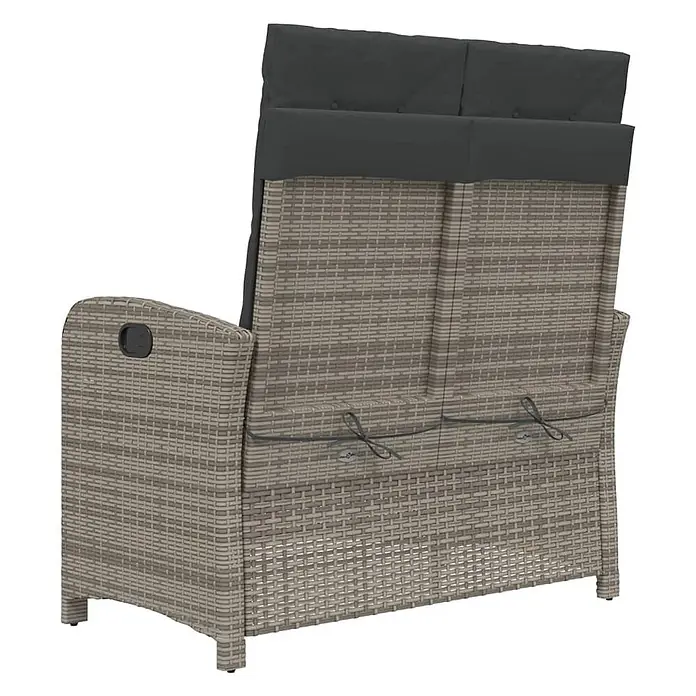 Furnicato Gartenbank - B x T x H: 59 x 86 x 93 cm, Grau - Graues Rattan-Zweisitzer-Outdoor-Relaxsofa mit dunkelgrauen Kissen. Rückansicht mit Kissenbändern.