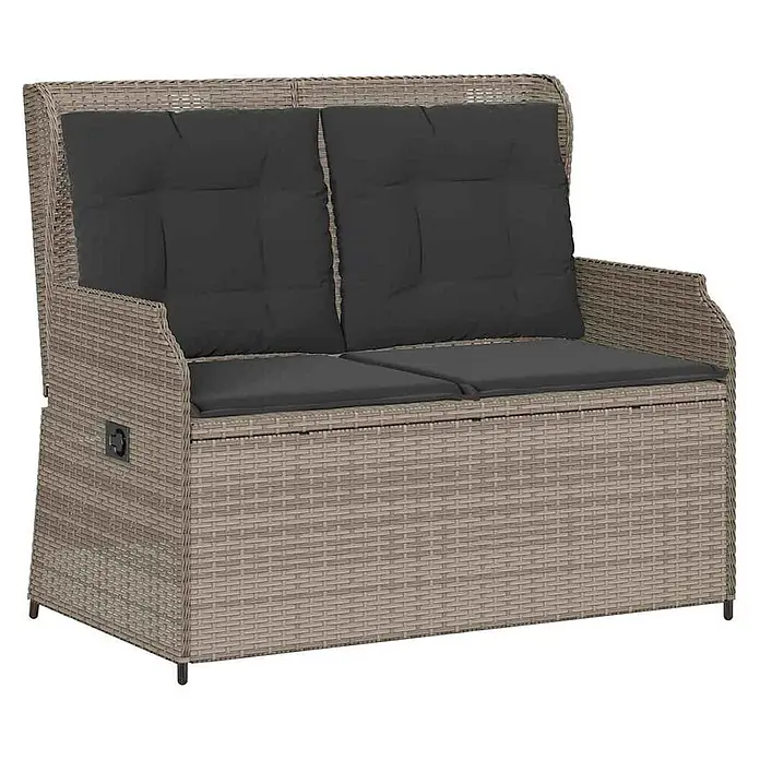 Furnicato Gartenbank - B x T x H: 95 x 110 x 95 cm, Hellgrau - Hellbraune Rattan-Gartenbank für zwei Personen mit dunkelgrauen Kissen und integriertem Stauraum.
