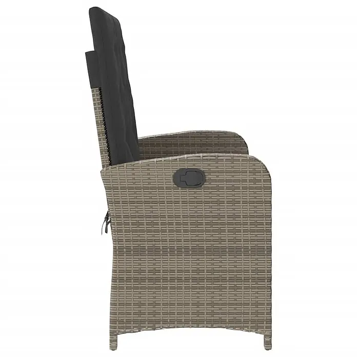 Furnicato Gartenbank - B x T x H: 59 x 86 x 93 cm, Grau - Seitenansicht eines beigen Flecht-Relaxsessels mit dunklem Kissen und Liegehebel.