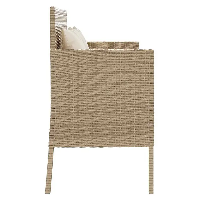 Furnicato Gartenbank PE-Rattan - B x T x H: 113 x 61 x 87 cm, Beige und Creme - Seitenansicht eines beigen Rattan-Gartensessels mit cremefarbenem Kissen.