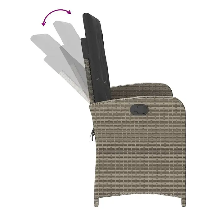 Furnicato Gartenbank - B x T x H: 59 x 86 x 93 cm, Grau - Beiger Rattansessel mit dunkelgrauem Kissen, der den verstellbaren Lehnenmechanismus zeigt.