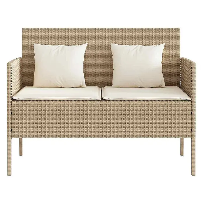 Furnicato Gartenbank PE-Rattan - B x T x H: 113 x 61 x 87 cm, Beige und Creme - Zweisitzige beigefarbene Rattan-Gartenbank mit cremefarbenen Sitz- und Rückenkissen.